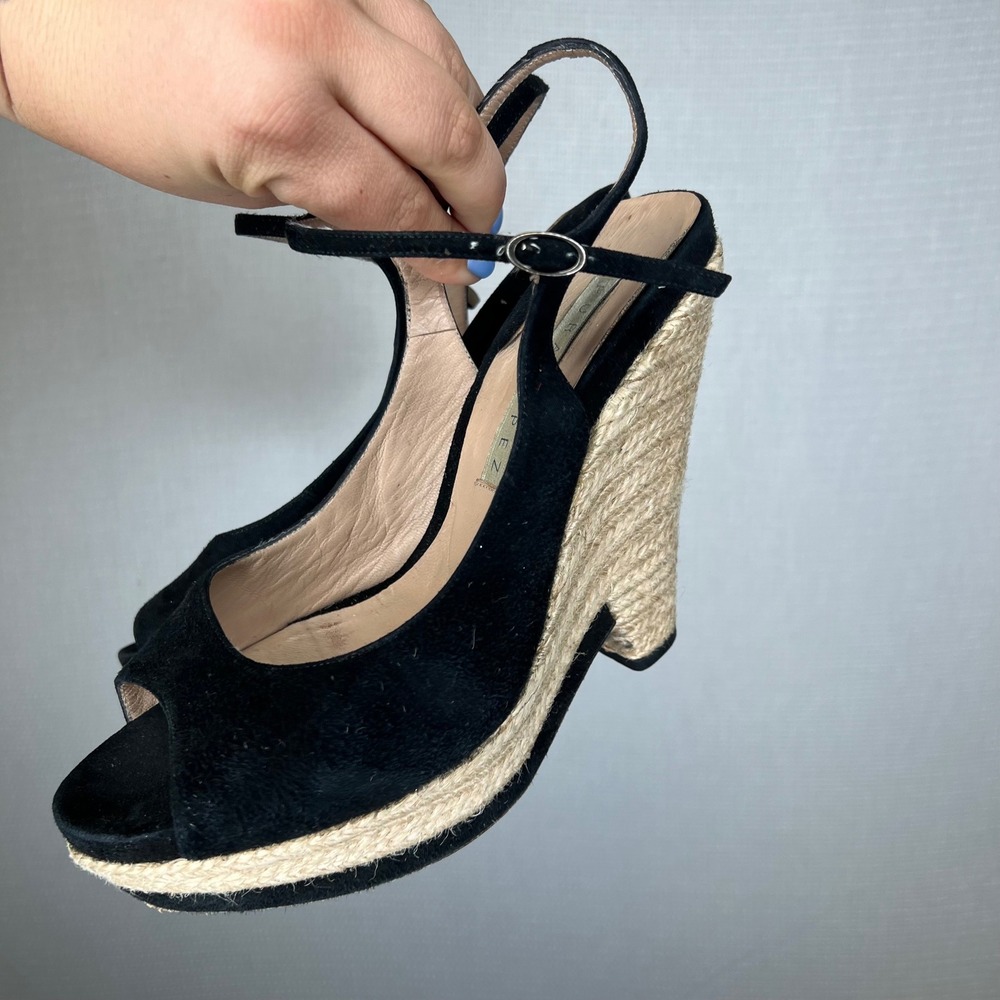 Pura Lopez Black Suede Espadrille Wedge Sandals Peep Toe EU 39.5 Made in Spain - Picture 3 of 8